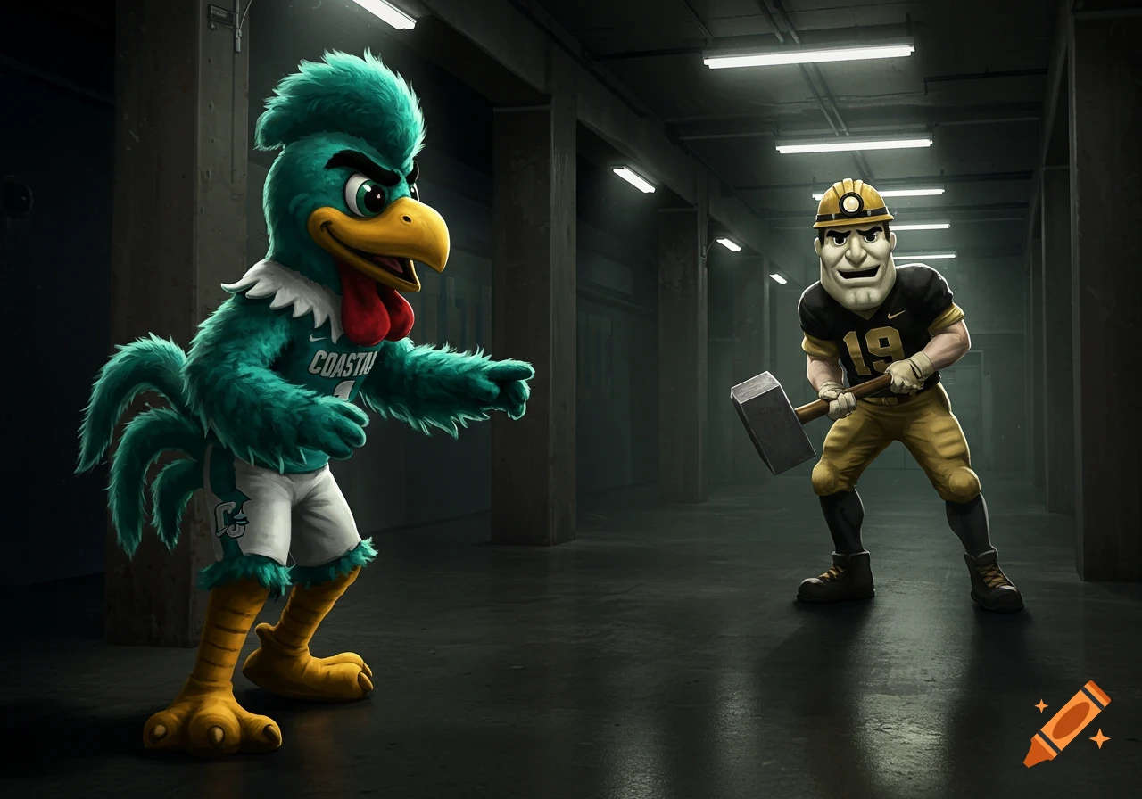 A teal chicken mascot and a miner mascot with a hammer face off in a dark, concrete hall, in a cartoonish style.