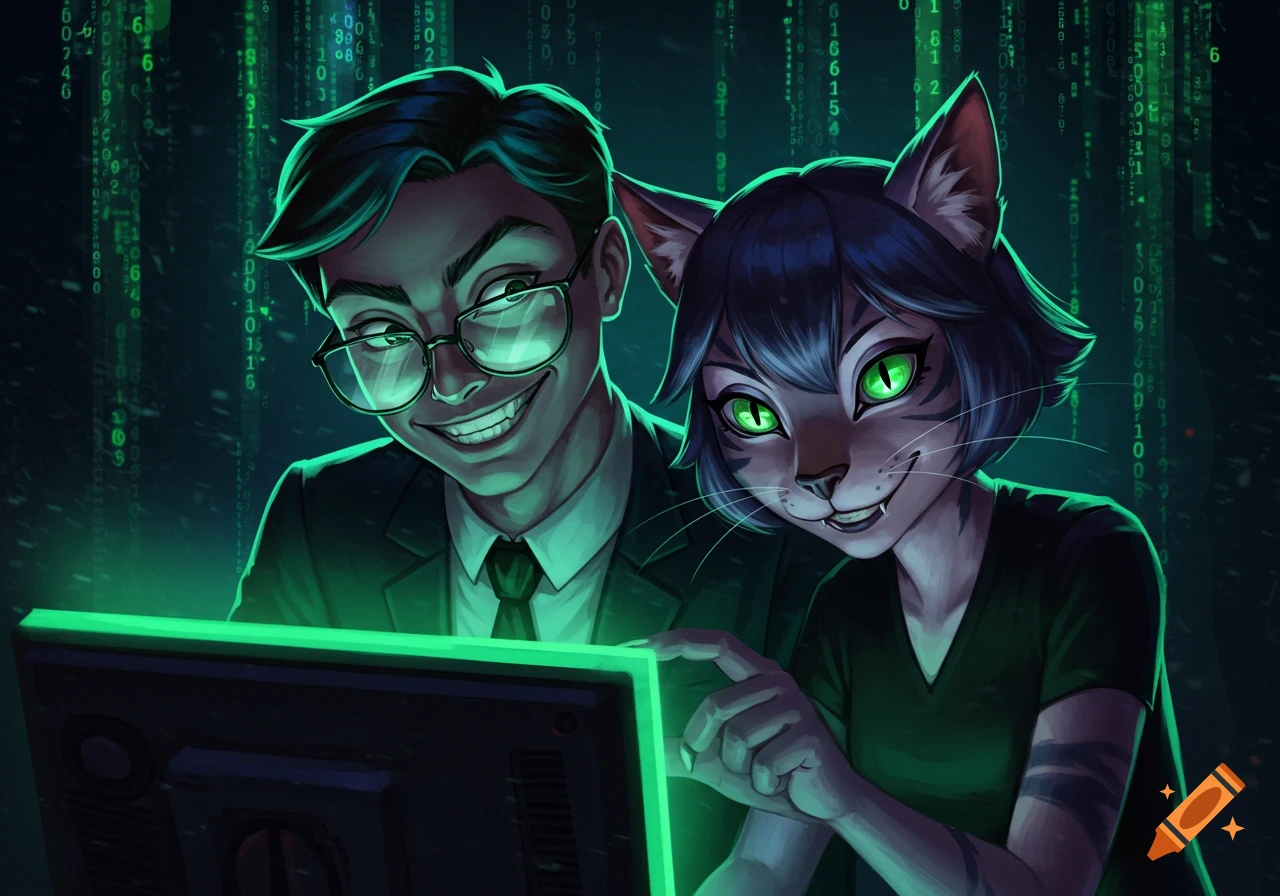 A male and a cat-like furry character with green eyes smirk at a green glowing computer screen, with Matrix-like digital code in the background.