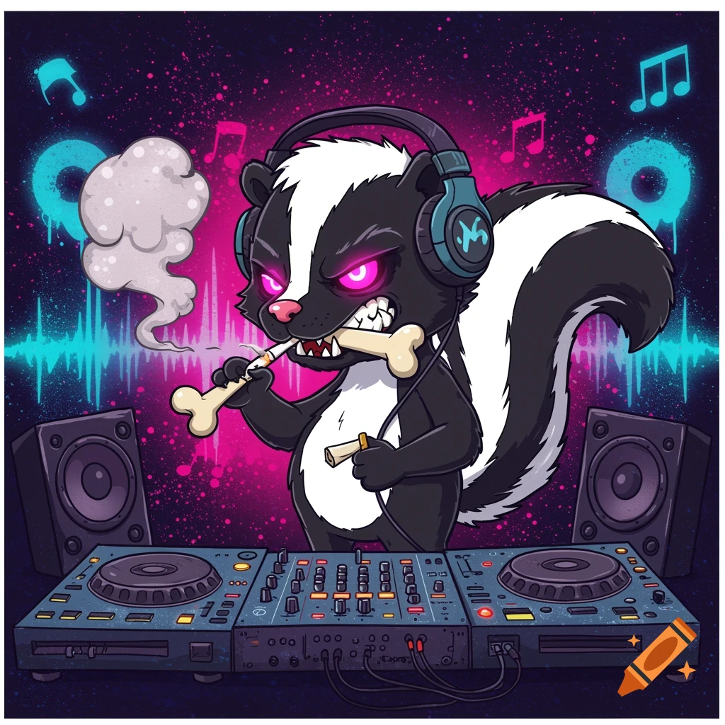 A fierce cartoon skunk DJ with glowing eyes, wearing headphones, smoking and chewing a bone, at turntables with vibrant musical background.