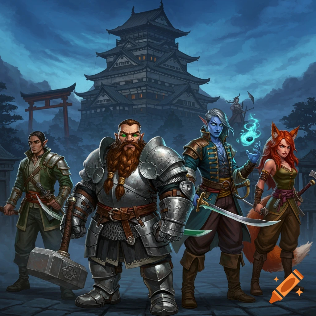 A group of fantasy adventurers, including a dwarf, two elves, and a fox-eared woman, stand in front of a Japanese castle at dusk.