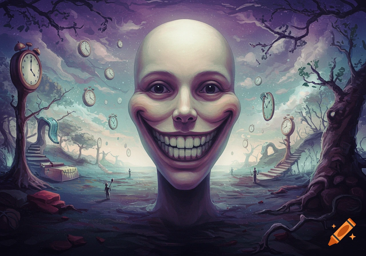 A large, bald head with an exaggerated smile floats in a surreal landscape filled with melting clocks and twisted trees.