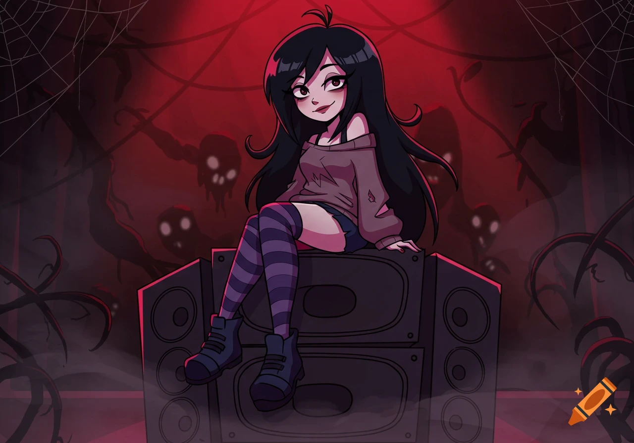 Cartoon girl with long black hair, ripped sweater, and striped socks sits on speakers in a dark, red-lit horror scene with shadowy figures.
