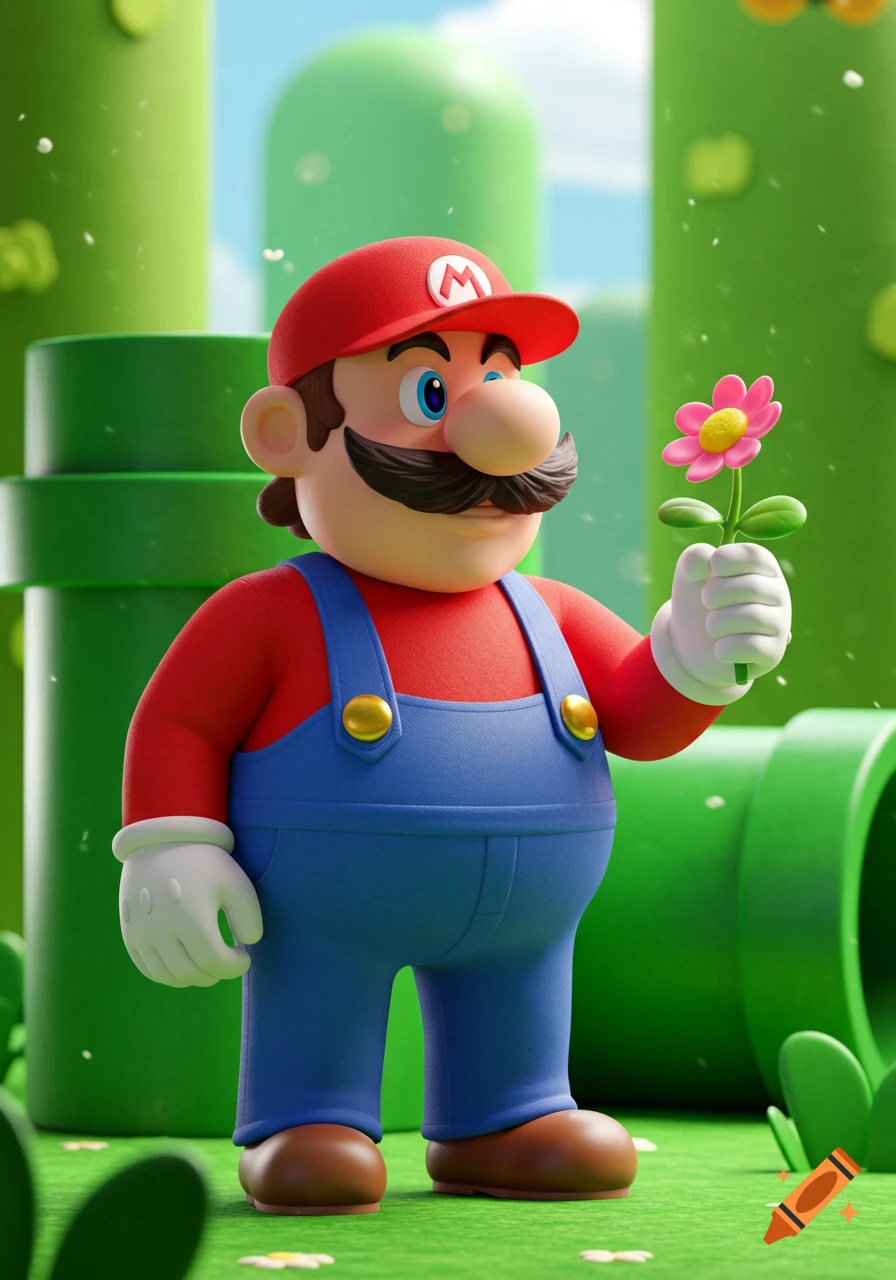 A 3D rendered Mario in his iconic red hat and blue overalls holds a pink flower in a vibrant green landscape with pipes.