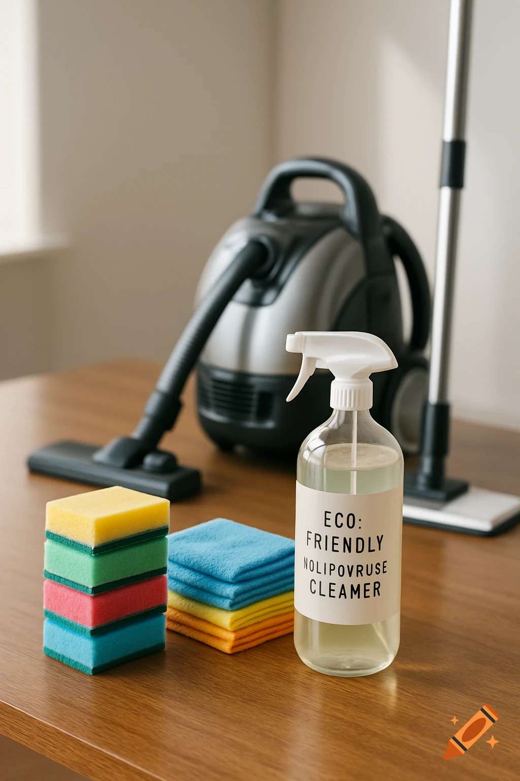 A realistic photo of various cleaning supplies, including colorful sponges, microfiber towels, a spray bottle, and a vacuum cleaner, neatly arranged on a wooden table.