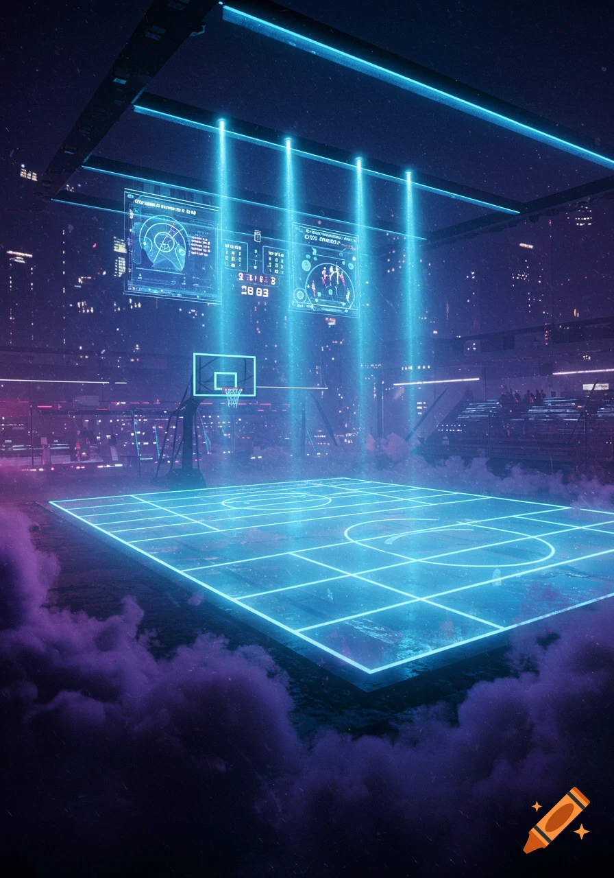A futuristic basketball court glowing with blue neon lines, surrounded by purple smoke, under holographic displays and a city skyline.