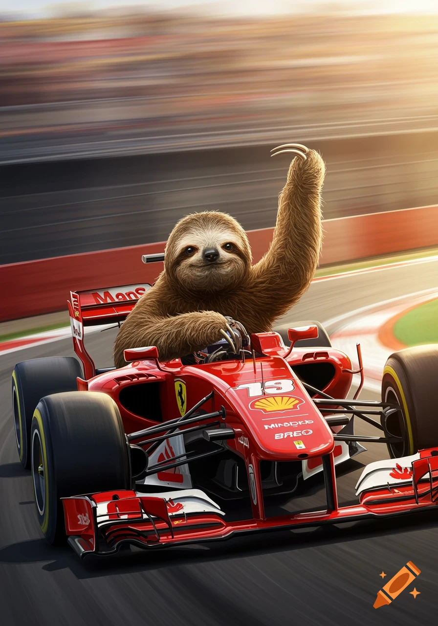 A happy sloth drives a red Formula 1 car on a racetrack, raising one clawed arm in a digital illustration.