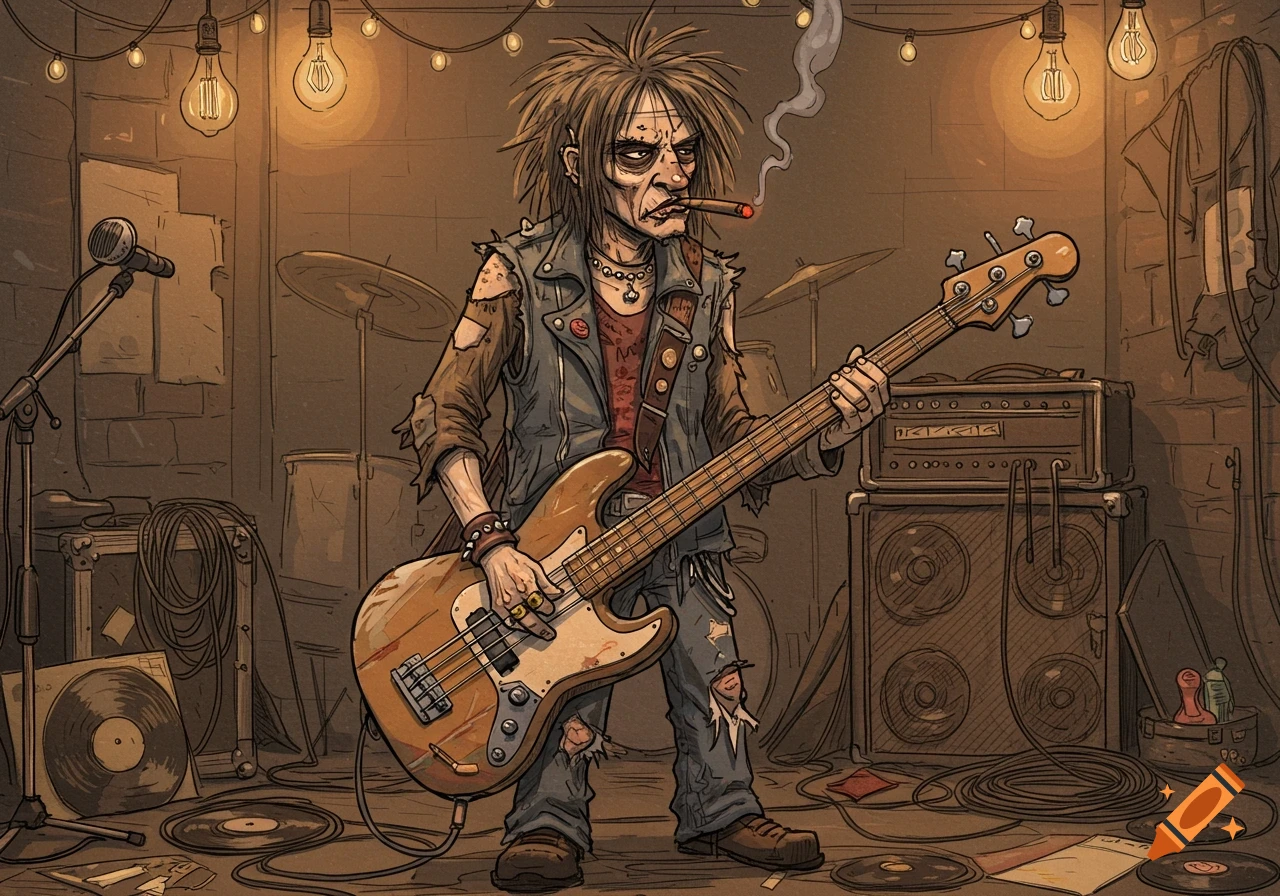 A hand-drawn, raggedy rock musician with a bass guitar, smoking a cigar in a dimly lit, cluttered room.