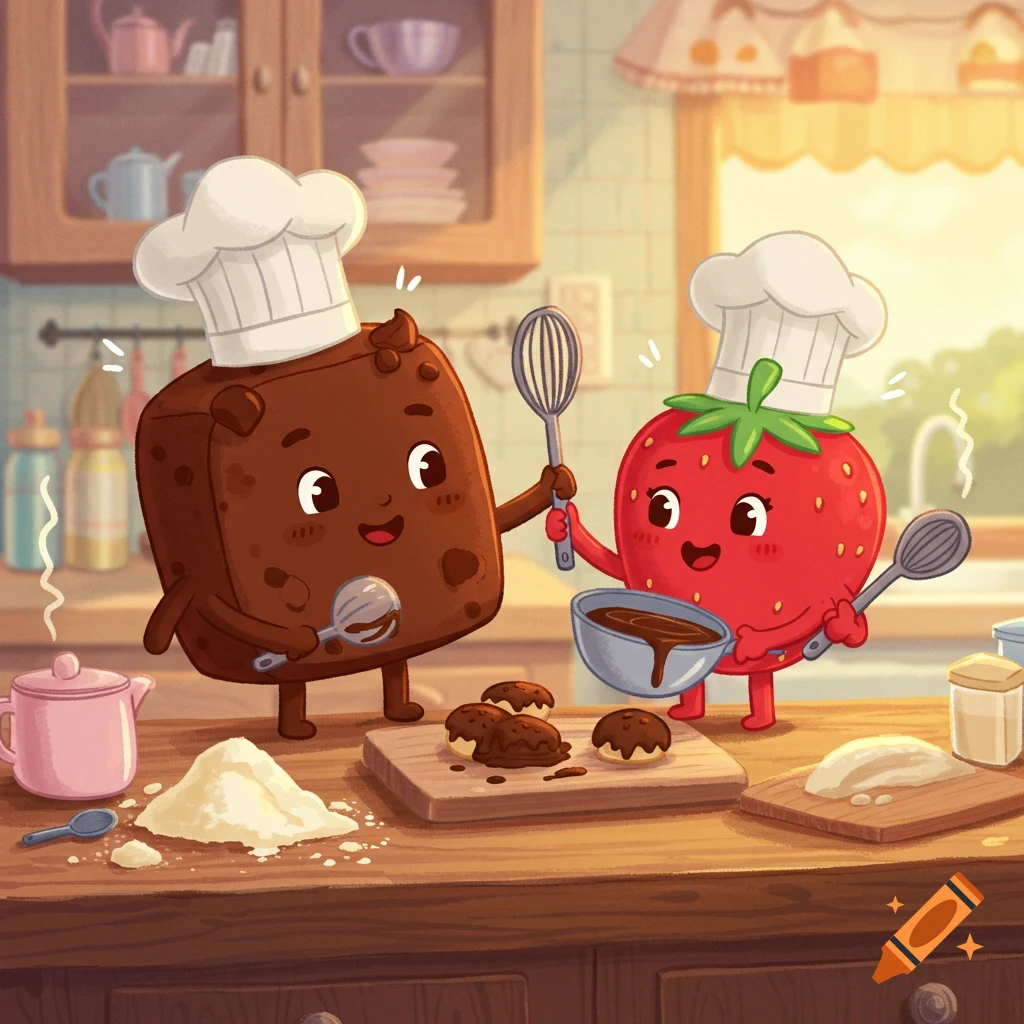 A cute cartoon brownie and strawberry character wearing chef hats, happily baking together in a sunlit kitchen, holding whisks and spoons.