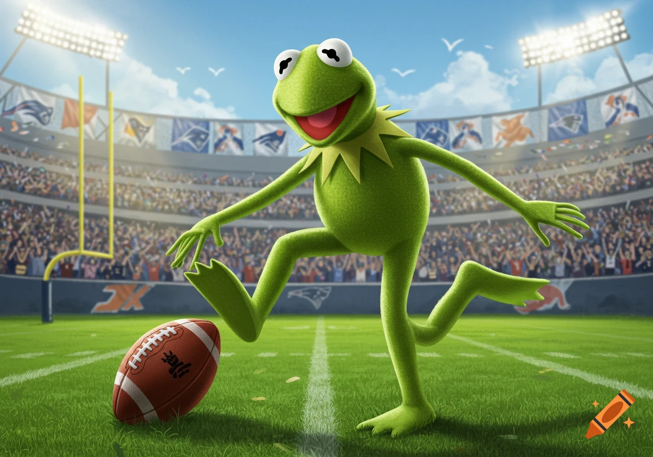 Kermit the Frog happily running on a football field in a stadium with a football beside him.