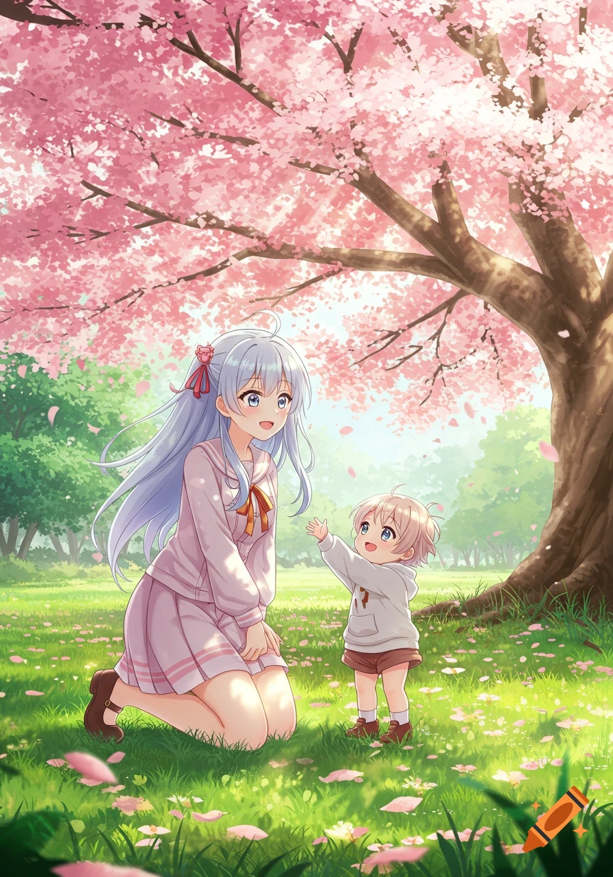 An anime girl kneels on green grass under a cherry blossom tree, smiling at a standing toddler in a park.