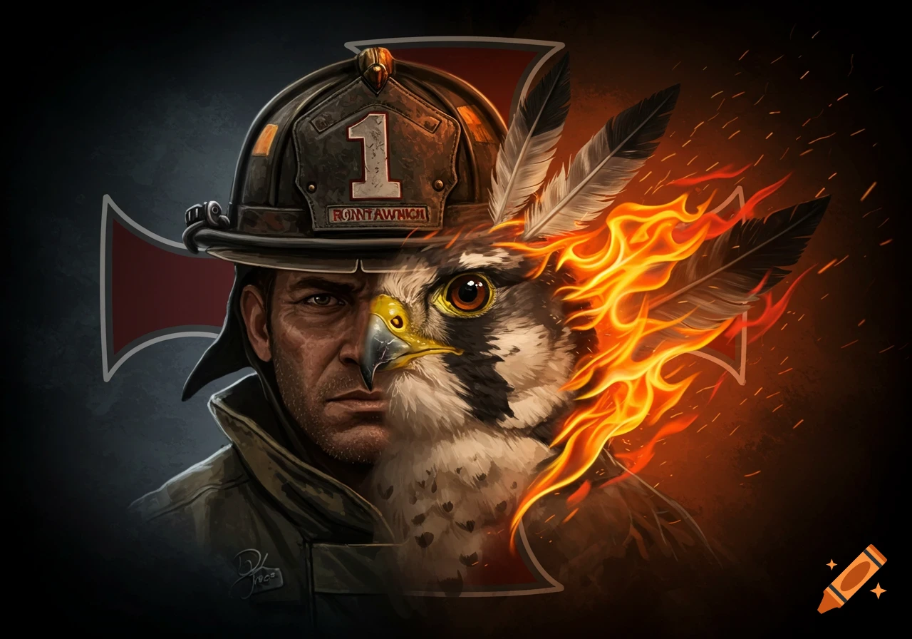 Half-face portrait of a firefighter wearing a helmet merged with a falcon's head. The right side shows the falcon's head with feathers and flames. A Maltese cross is in the background.
