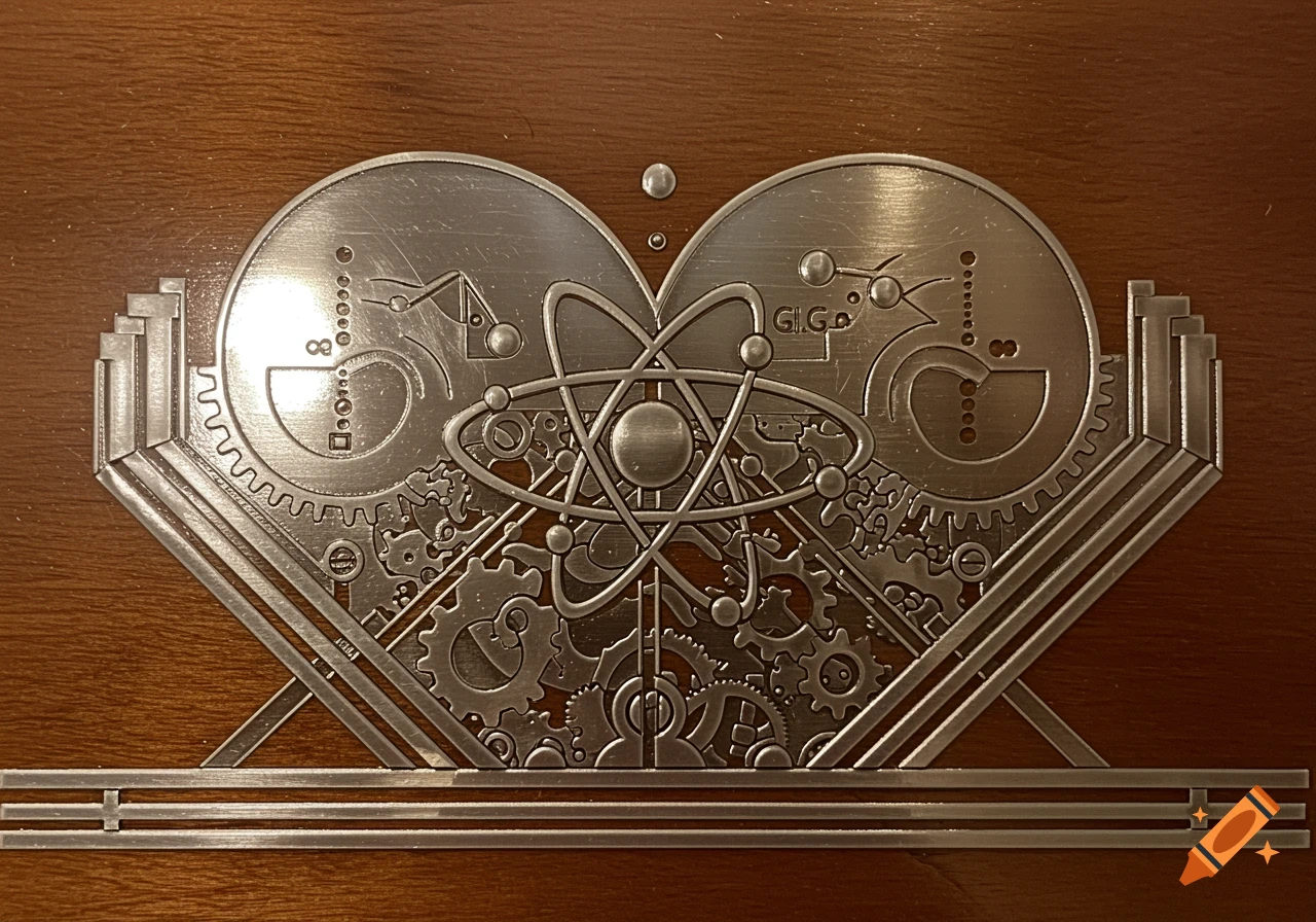 Art Deco style metallic plaque with an atom and gears design, mounted on a wooden surface.