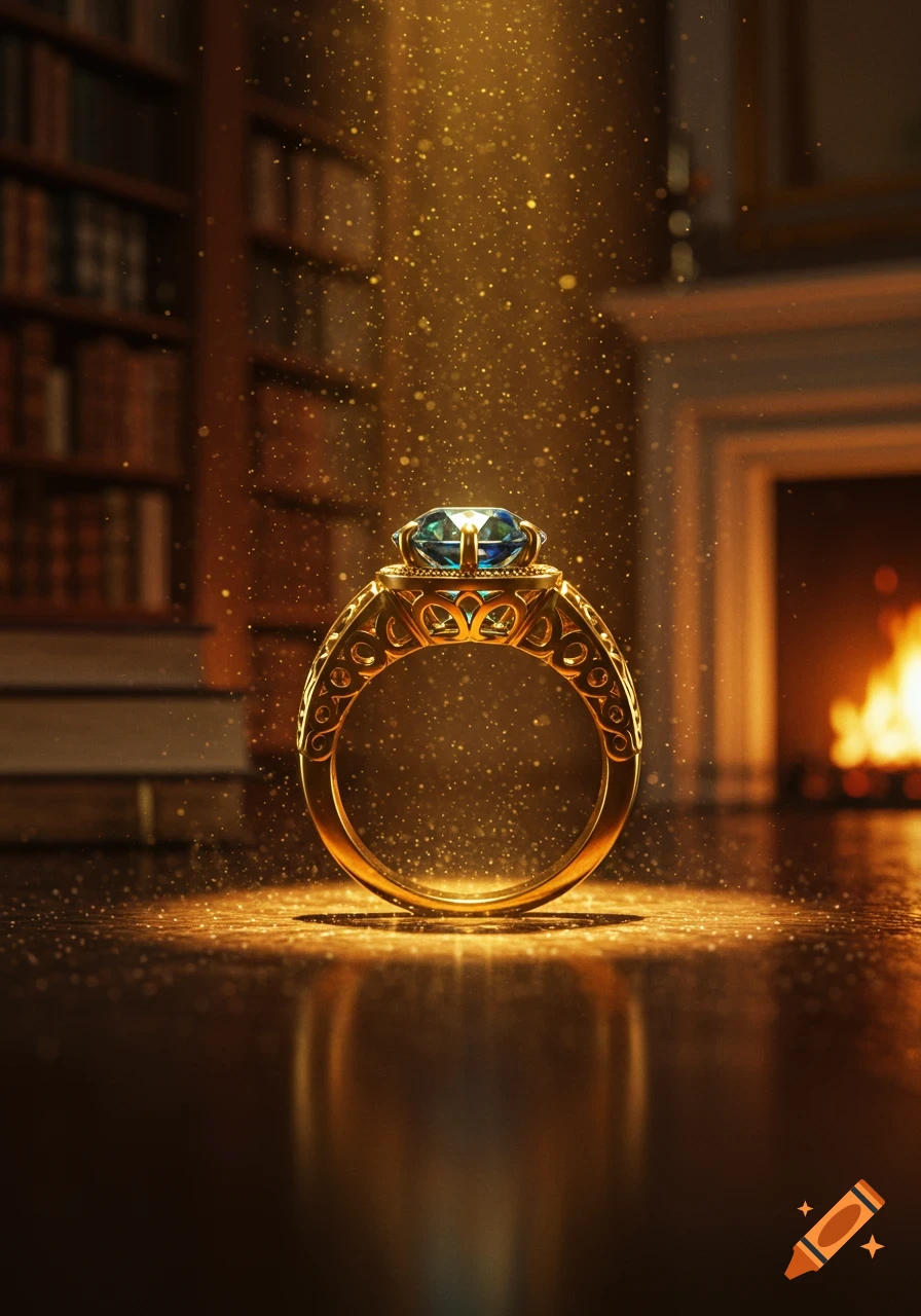 A detailed gold ring with a sparkling blue gem sits on a dark reflective surface, surrounded by golden particles. A bookshelf and fireplace are blurred in the background.