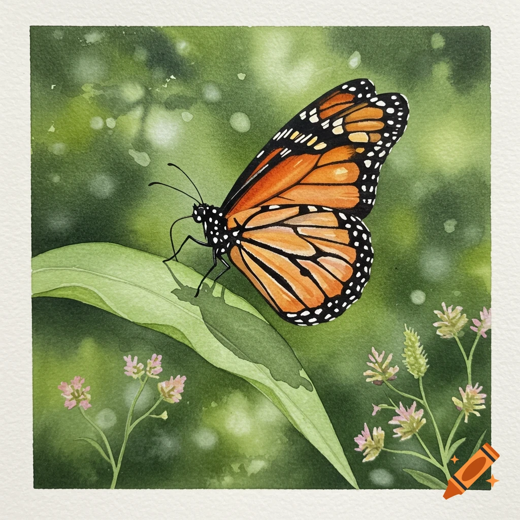 A vibrant watercolor painting of an orange and black monarch butterfly resting on a green leaf, with a blurred green background.