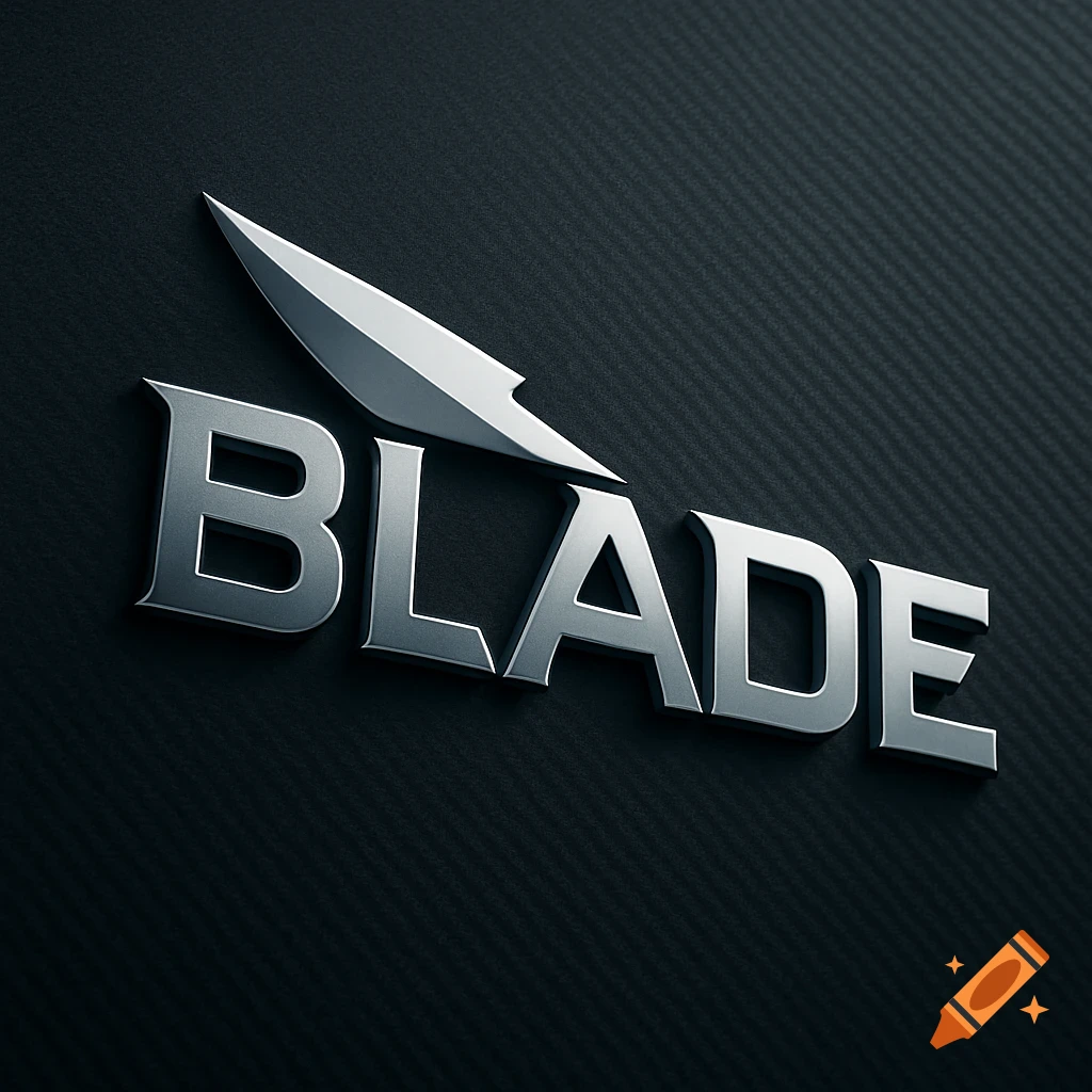 A 3D metallic logo featuring the word BLADE with a sharp blade-like symbol above it, set against a dark textured background.