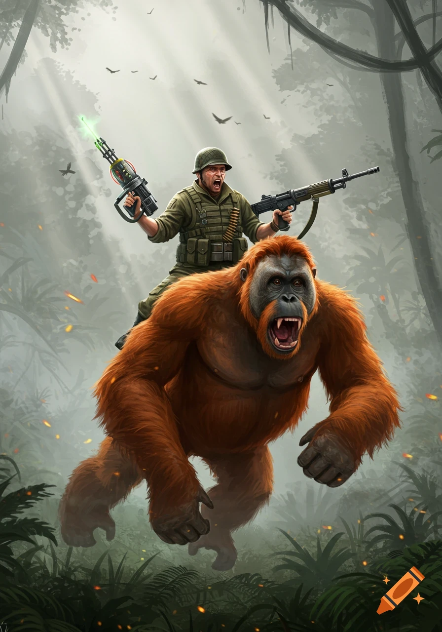 A soldier rides a roaring orangutan through a jungle, holding a laser gun and a rifle. Digital art.