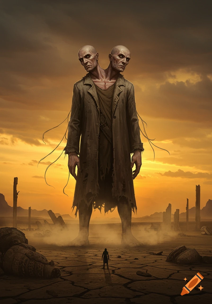 A massive, two-headed giant in a torn coat stands over a tiny human figure in a cracked, desolate wasteland under an orange sky.