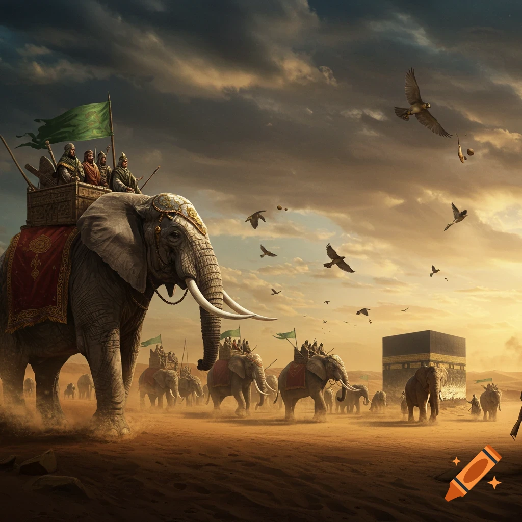 A large army of elephants and soldiers march through a desert towards a black cuboid structure under a dramatic sky, with birds flying overhead.