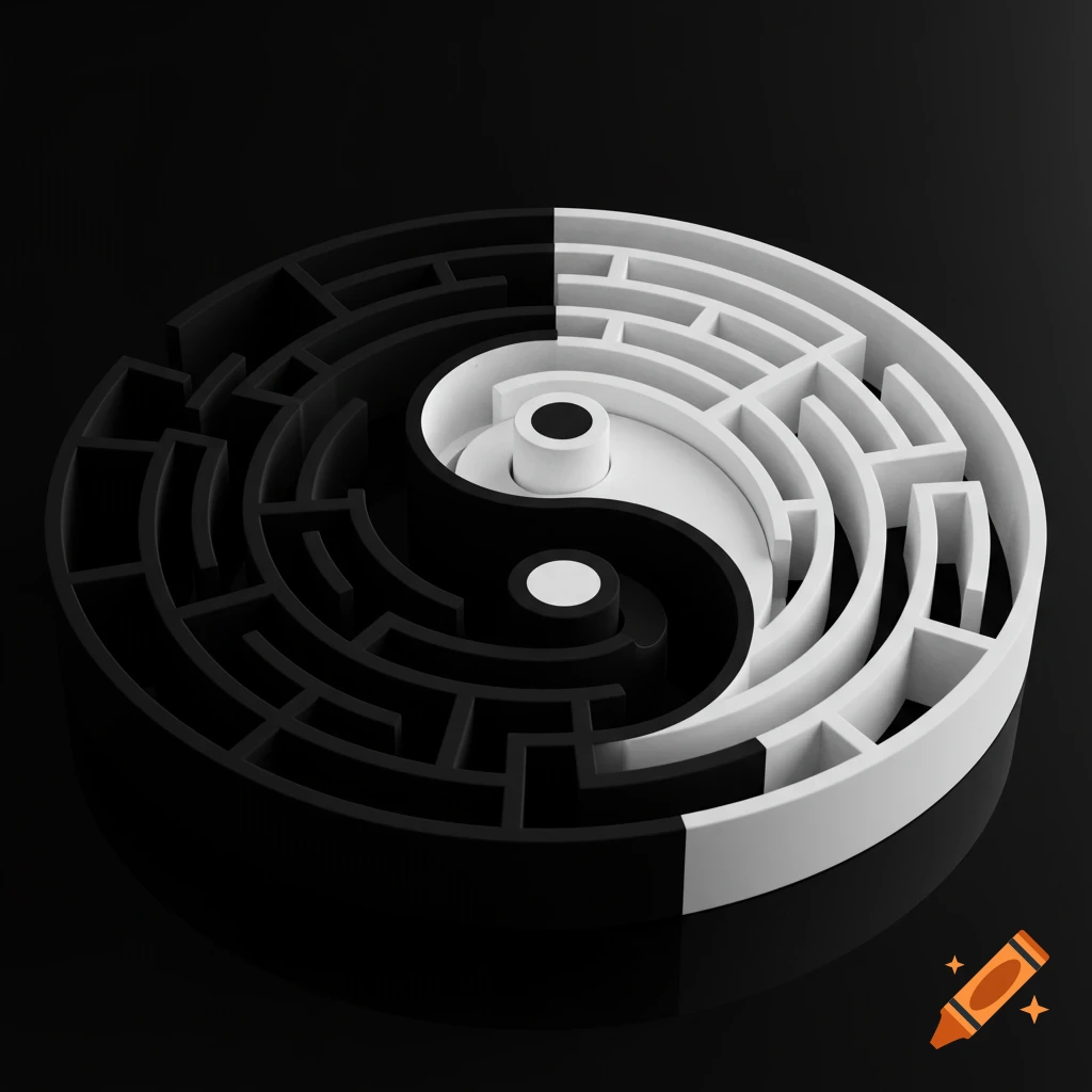 A 3D rendering of a black and white labyrinth shaped like a yin-yang symbol.