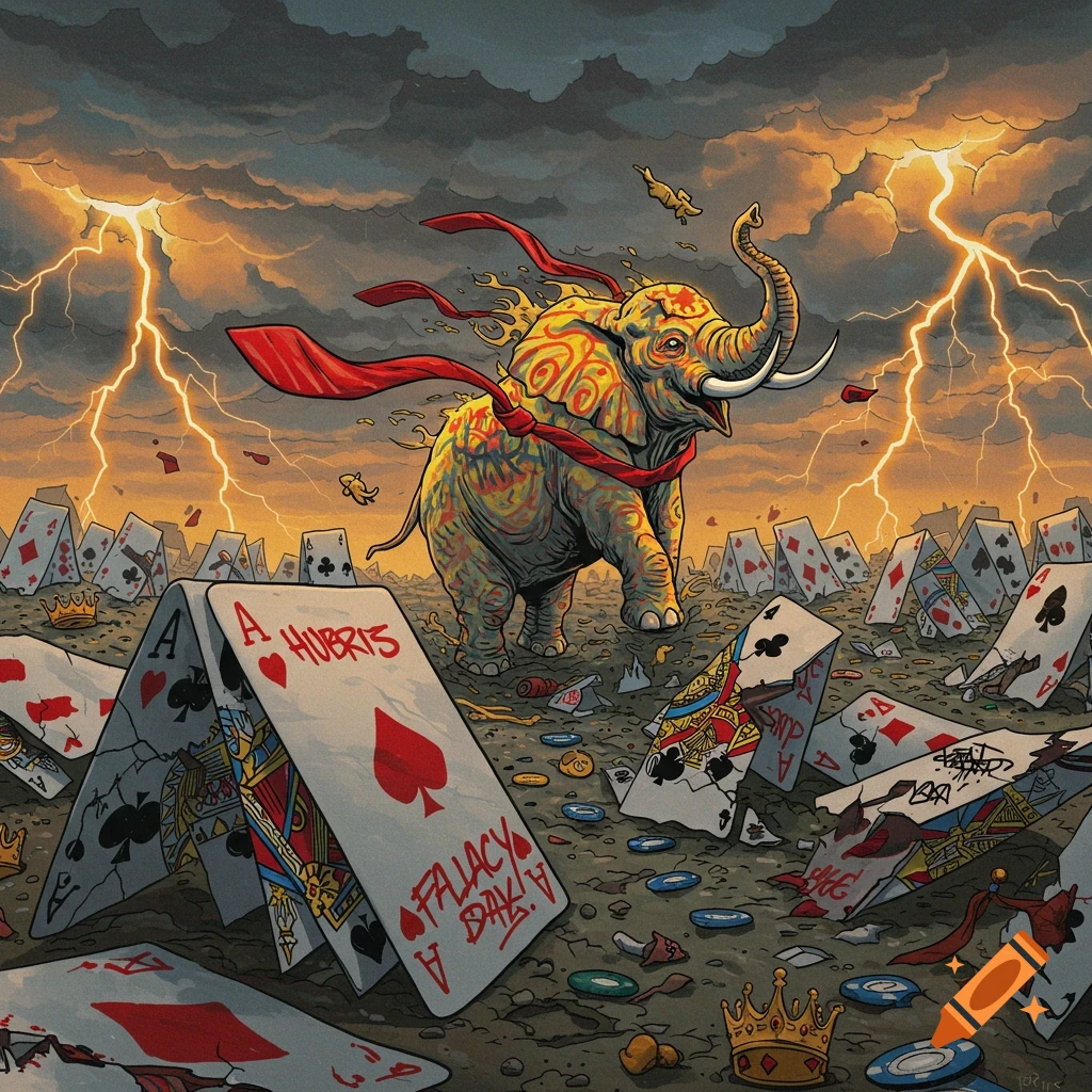 A colorful, patterned elephant with red ribbons stands amidst scattered, broken playing cards under a stormy sky with bright lightning bolts.