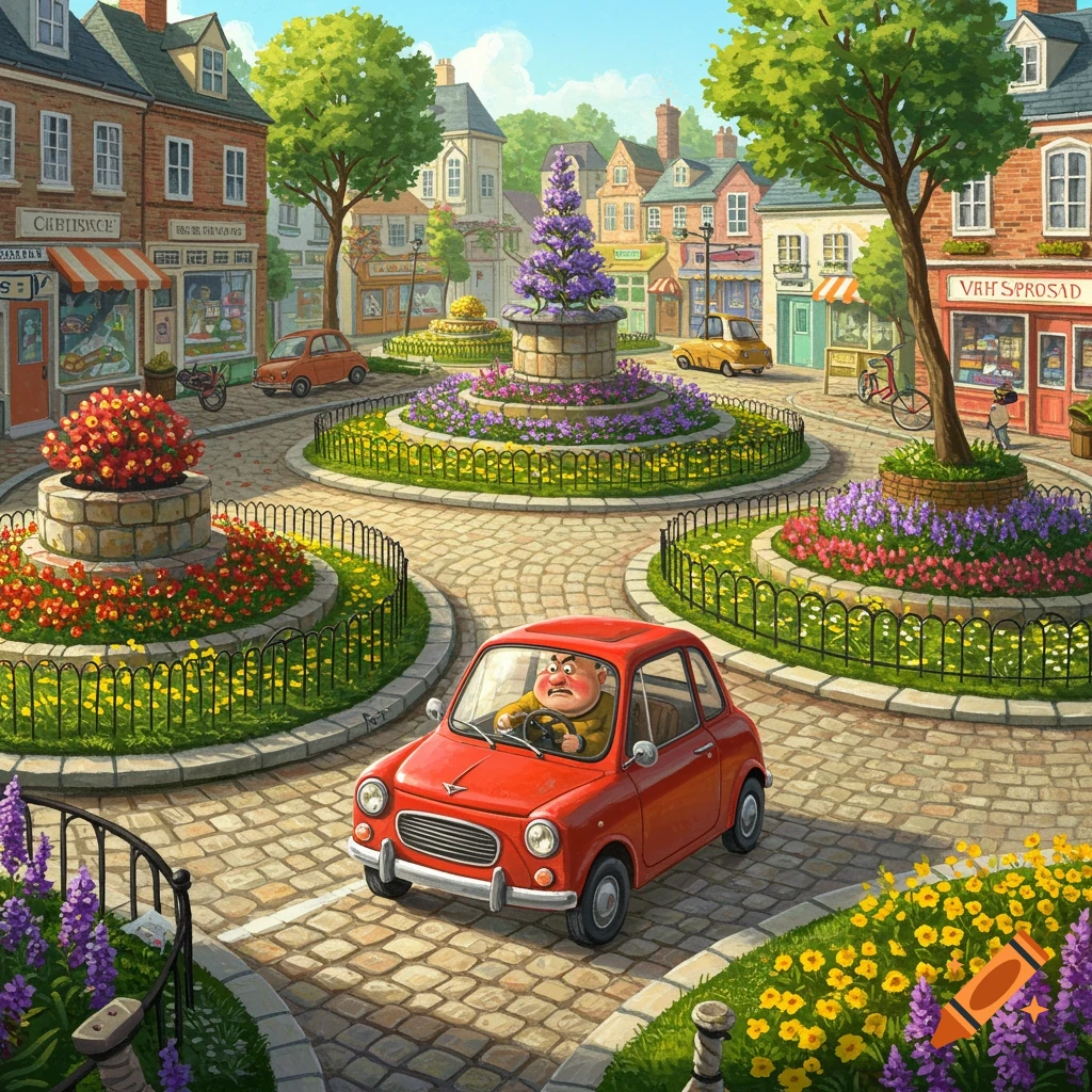 A colorful cartoon illustration of a grumpy man driving a small red car through a vibrant town square with multiple roundabouts, flowered gardens, and brick buildings.