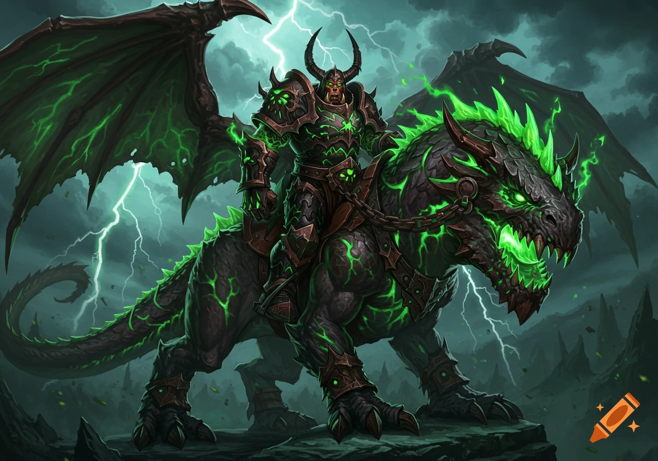 A dark fantasy warrior with glowing green armor rides a black dragon, also with glowing green accents, under a stormy sky with lightning.
