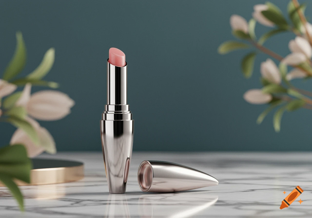 Photorealistic image of a silver-cased lip product with a pink tip standing on a marble surface next to its cap, with a blurred teal background and plants.