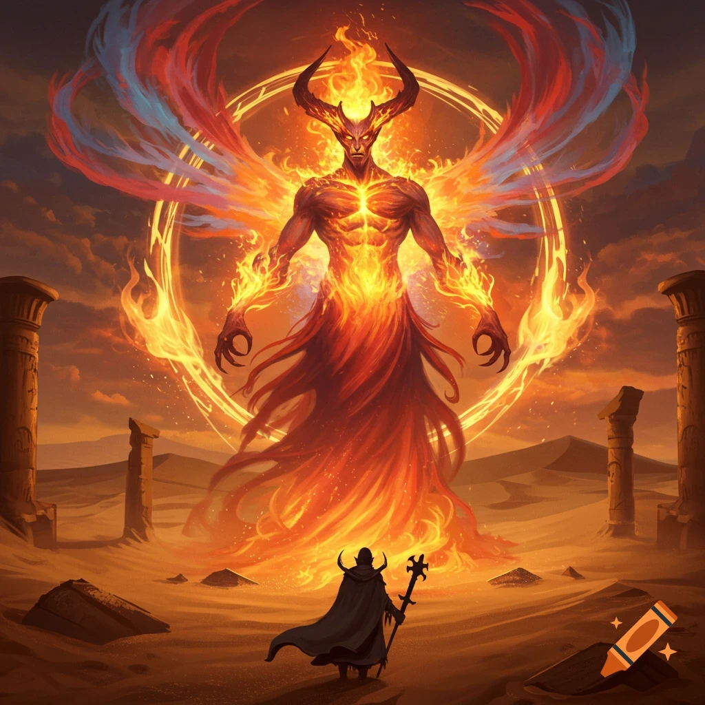 A huge fiery Djinn with horns rises from the desert, facing a small cloaked figure. Ancient ruins are scattered in the background at sunset. Digital art.
