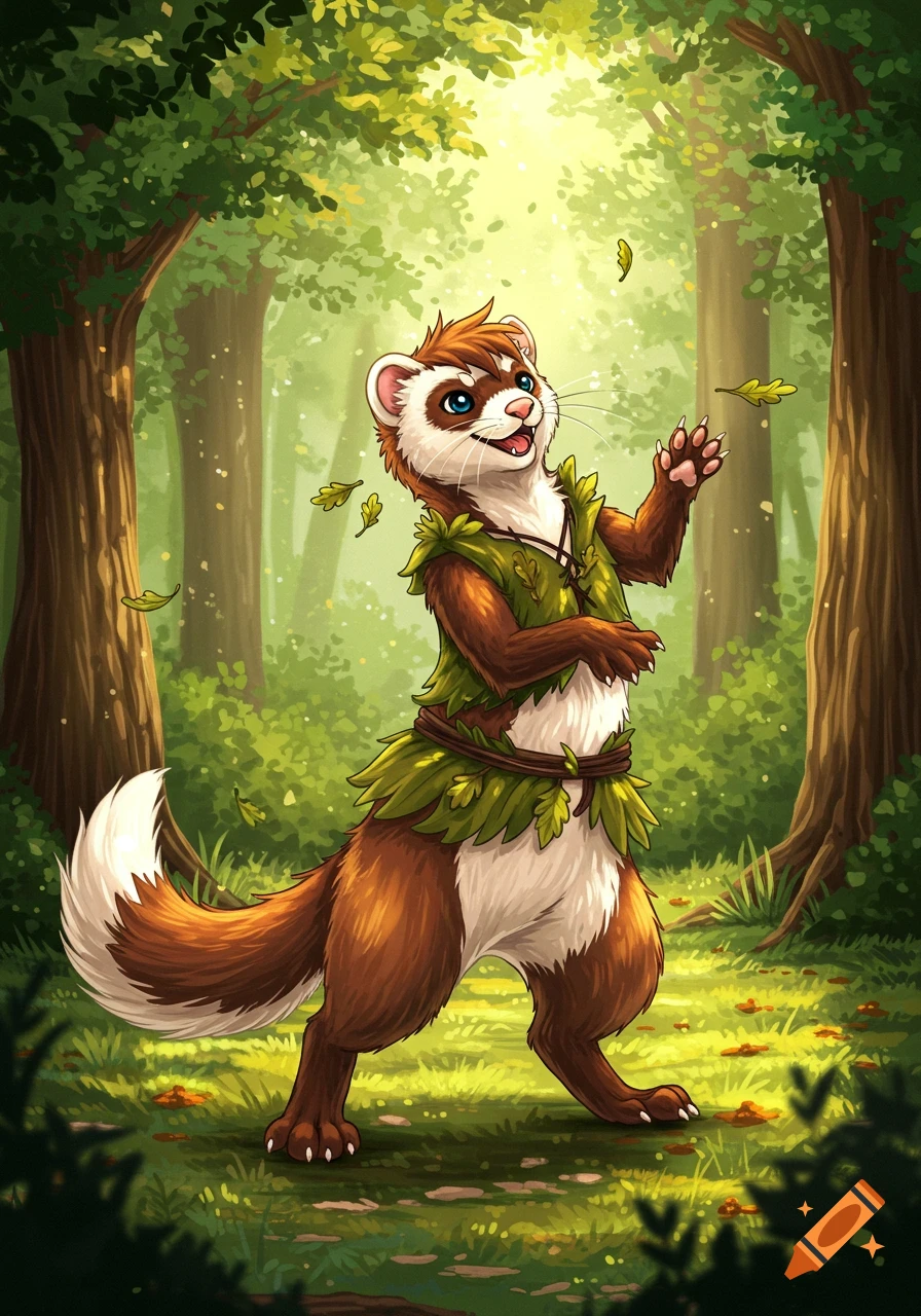 A cute, smiling anthropomorphic ferret wearing a leaf outfit stands in a bright, sunlit forest with falling leaves.