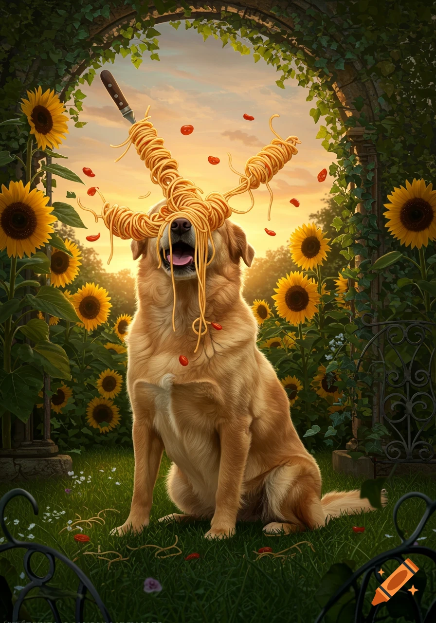 A golden retriever in a sunflower garden has spaghetti and tomatoes spewing from its eyes, with a fork stuck in the noodles.