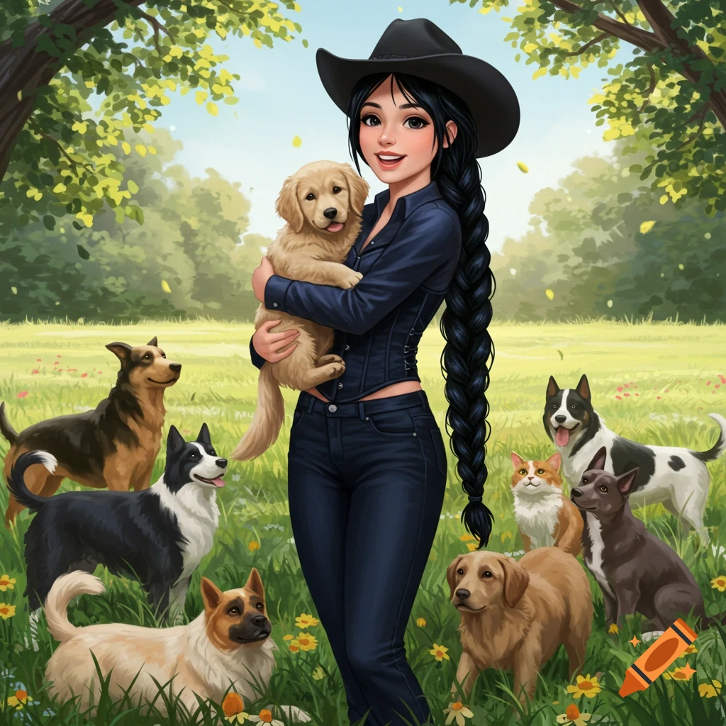 A cartoon-style young woman in a cowboy hat and dark clothes holds a puppy in a grassy field, surrounded by several dogs and a cat.