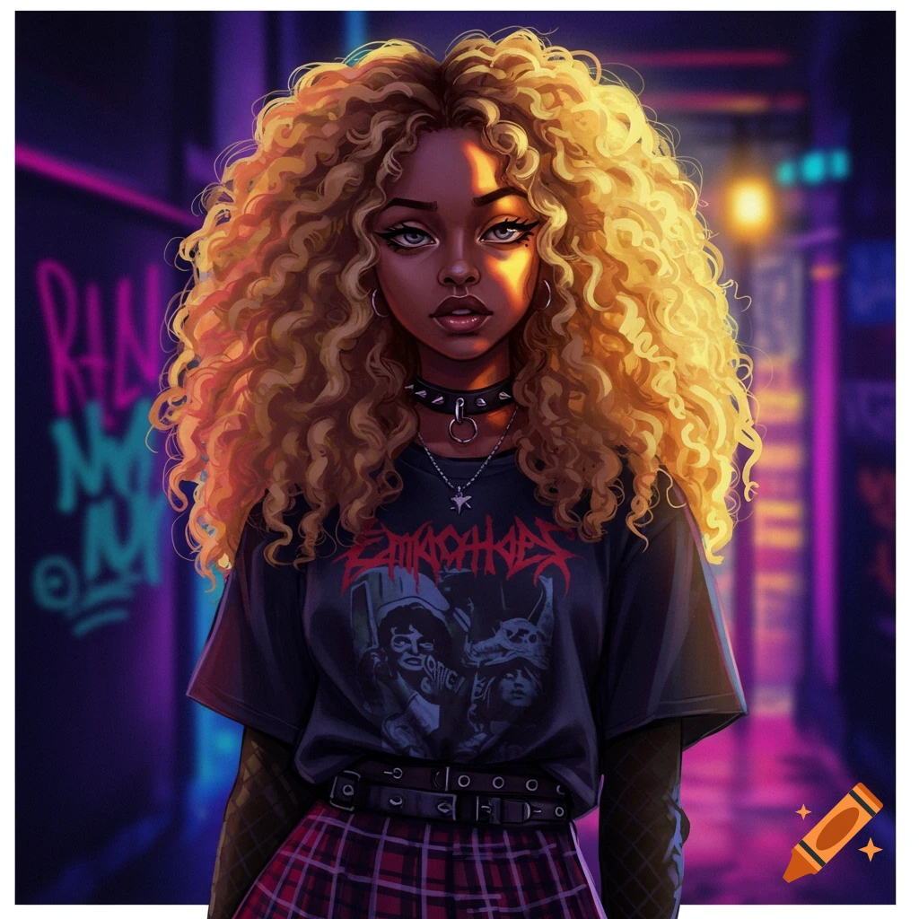 An illustrated portrait of a dark-skinned girl with blonde curly hair, wearing an emo-style outfit with a band t-shirt and plaid skirt, standing in a dimly lit alley with neon graffiti.