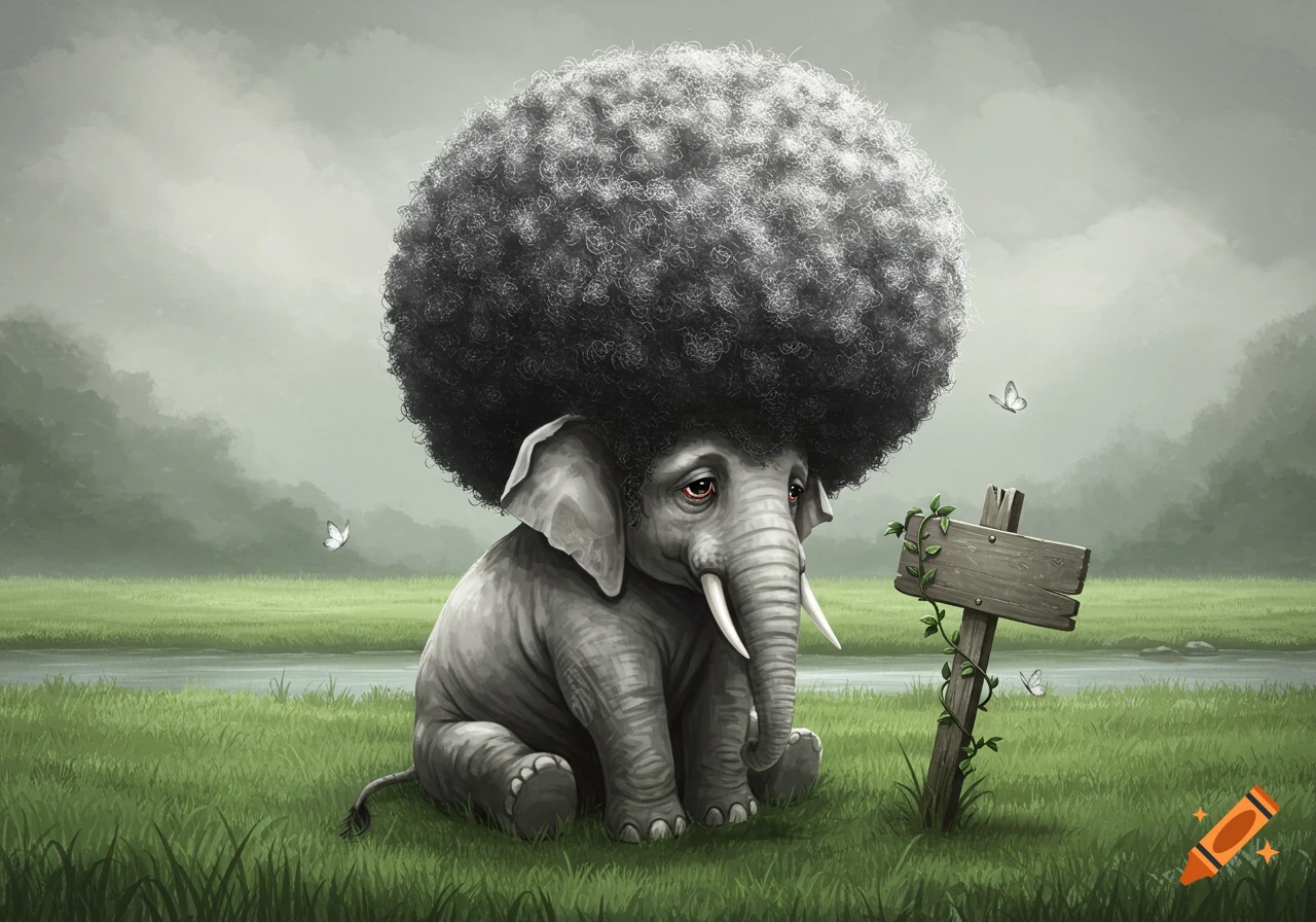 A sad, miniature elephant with a giant afro sits in a grassy field next to a wooden signpost and a stream.