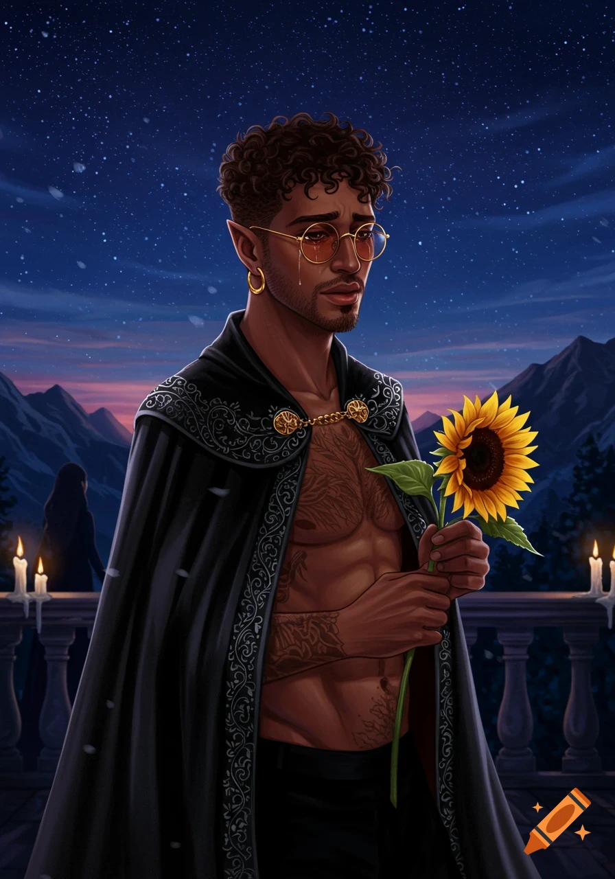 A melancholic, dark-skinned male elf in a black cloak on a balcony at night, crying while holding a sunflower.