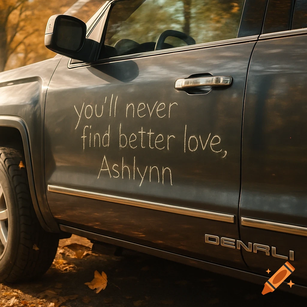 Close-up of a dark grey GMC Denali truck door with "you'll never find better love, Ashlynn" written in the dust. Autumn leaves are on the ground.