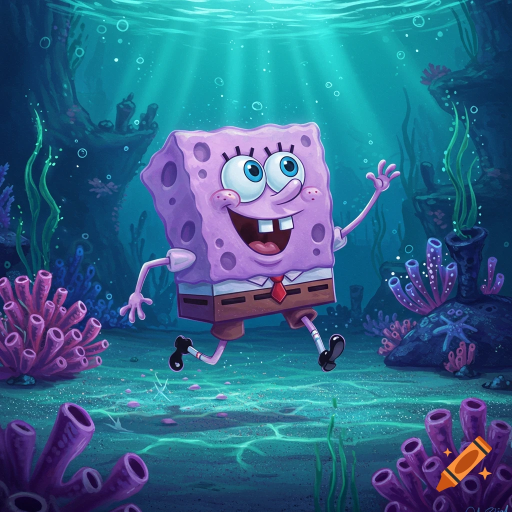 A vibrant cartoon illustration of a happy purple SpongeBob-like character running underwater among colorful coral and seaweed.