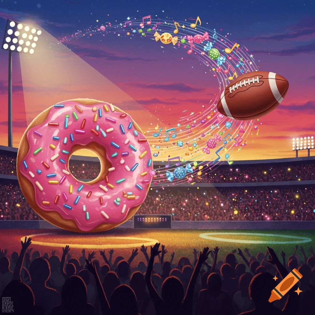 A giant pink donut on a football field under stadium lights, with a football soaring through the air leaving a trail of musical notes and candies, while fans cheer in the stands at sunset. Illustrated style.