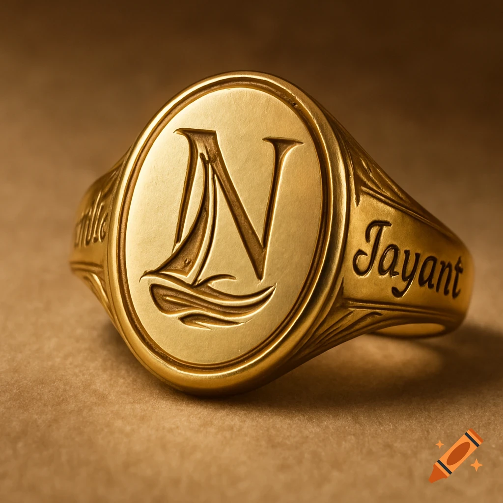 A close-up of a gold signet ring with a stylized 'N' and boat design, and the name 'Jayant' engraved on the side.