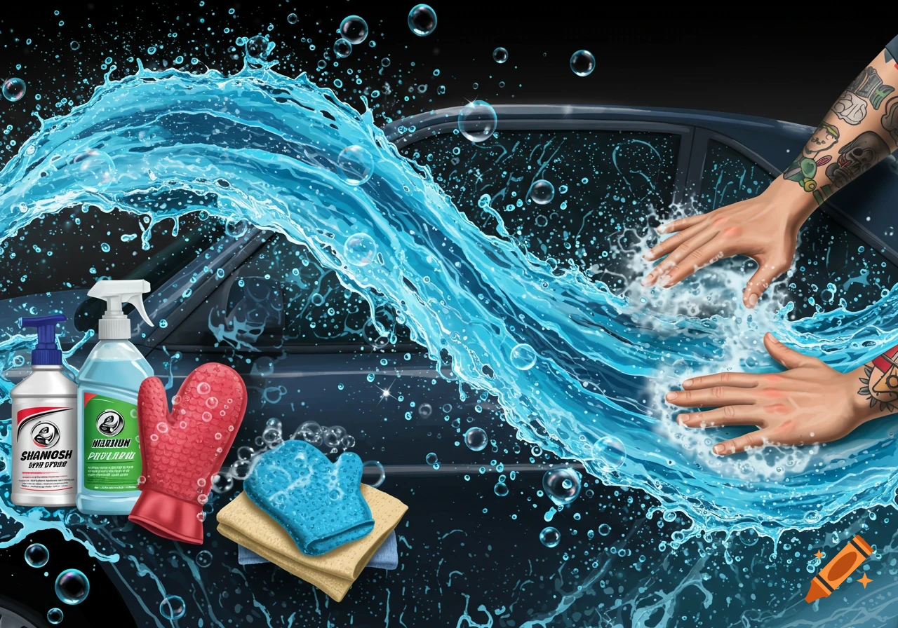 Dynamic image of water splashing over a car, with hands washing it. Car wash products like shampoo bottles, a wash mitt, and a towel are in the foreground.