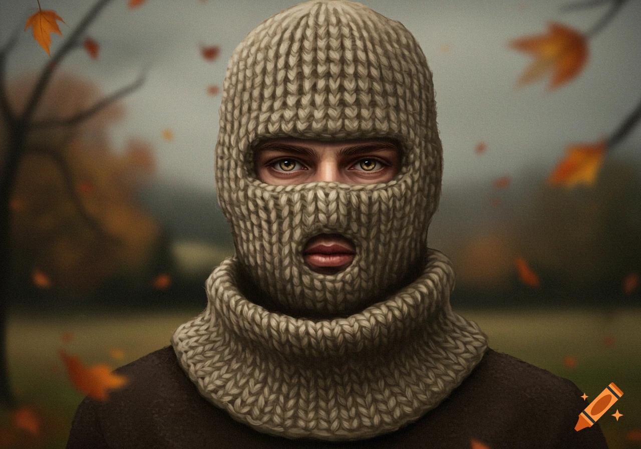 Close-up of a person wearing a beige knitted balaclava with hazel eyes visible, against a blurred autumn background with falling leaves.