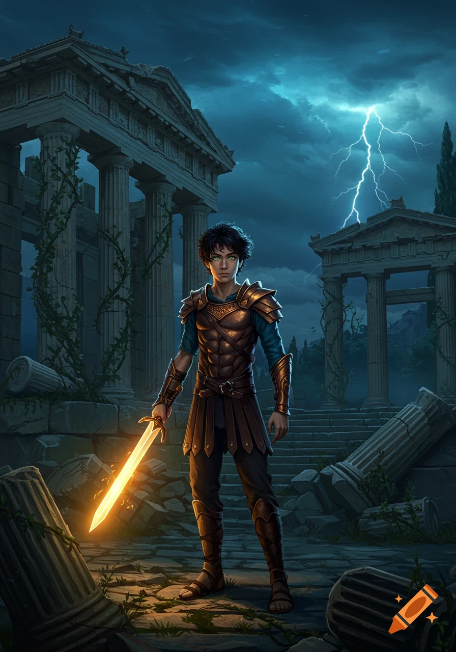 A teenage boy in Greek armor holds a glowing sword among crumbling ancient ruins under a stormy, lightning-filled sky.