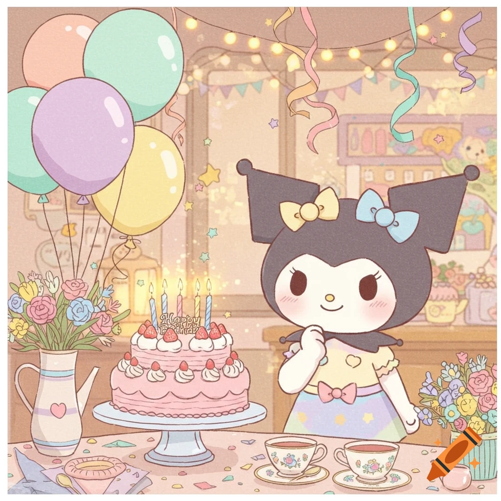Cute cartoon of Sanrio's Kuromi at a birthday party with a pink cake, balloons, and tea cups.