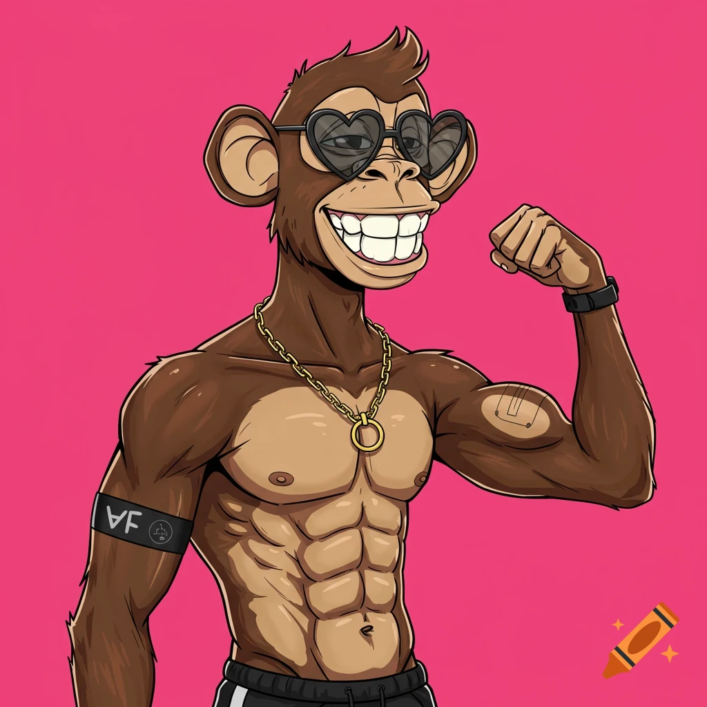A cartoon monkey with abs, heart-shaped sunglasses, and a gold chain flexes his bicep on a pink background.