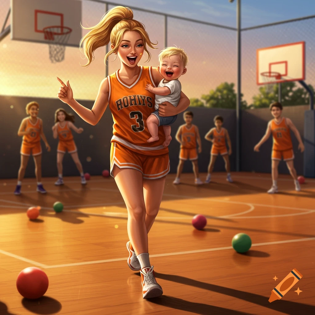 A smiling woman in an orange basketball jersey holds a laughing baby on a court, with other players and colorful balls. Illustrated.
