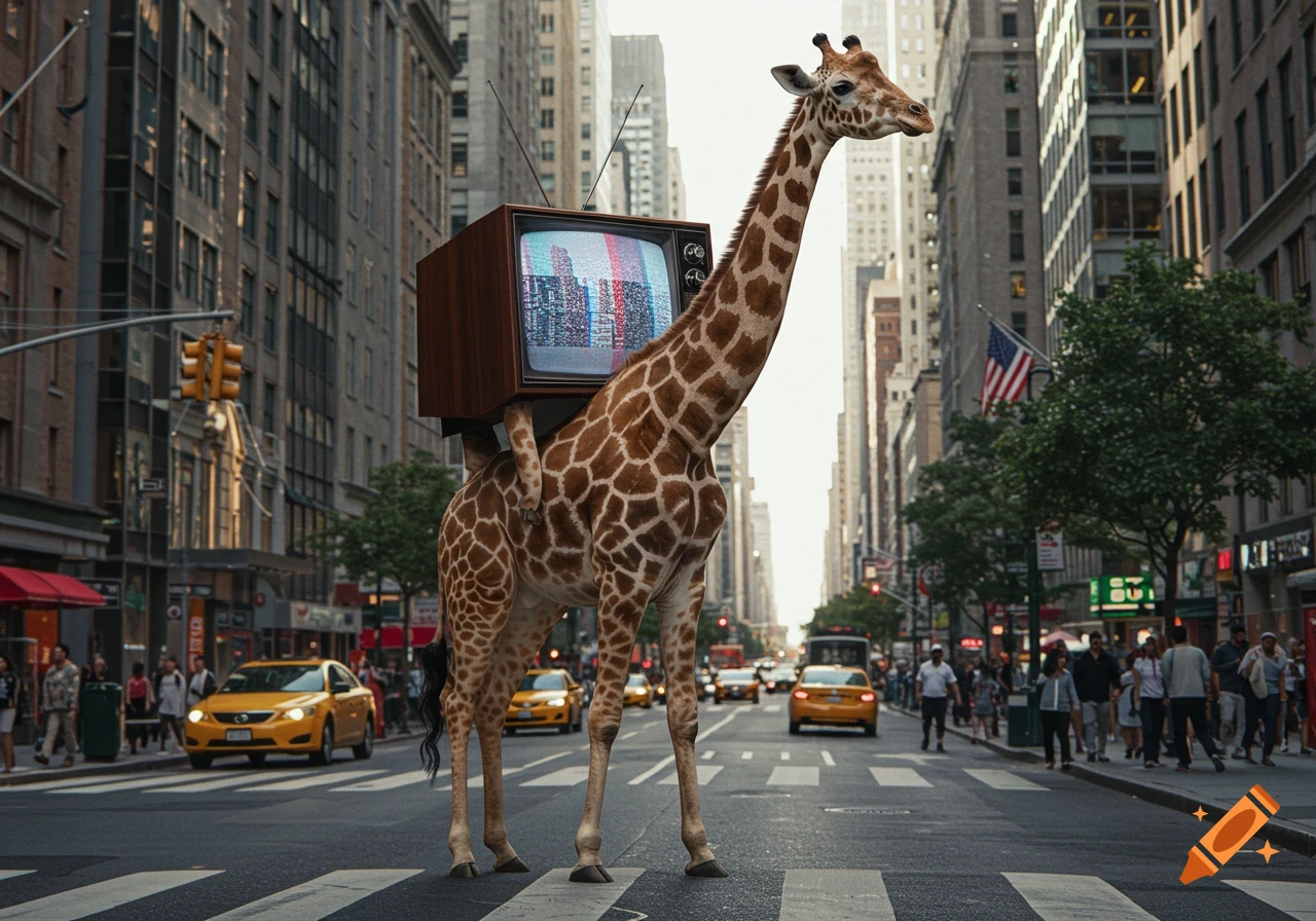 A hyperrealistic image of a large giraffe walking through a busy city street, carrying an old wooden television set on its back.