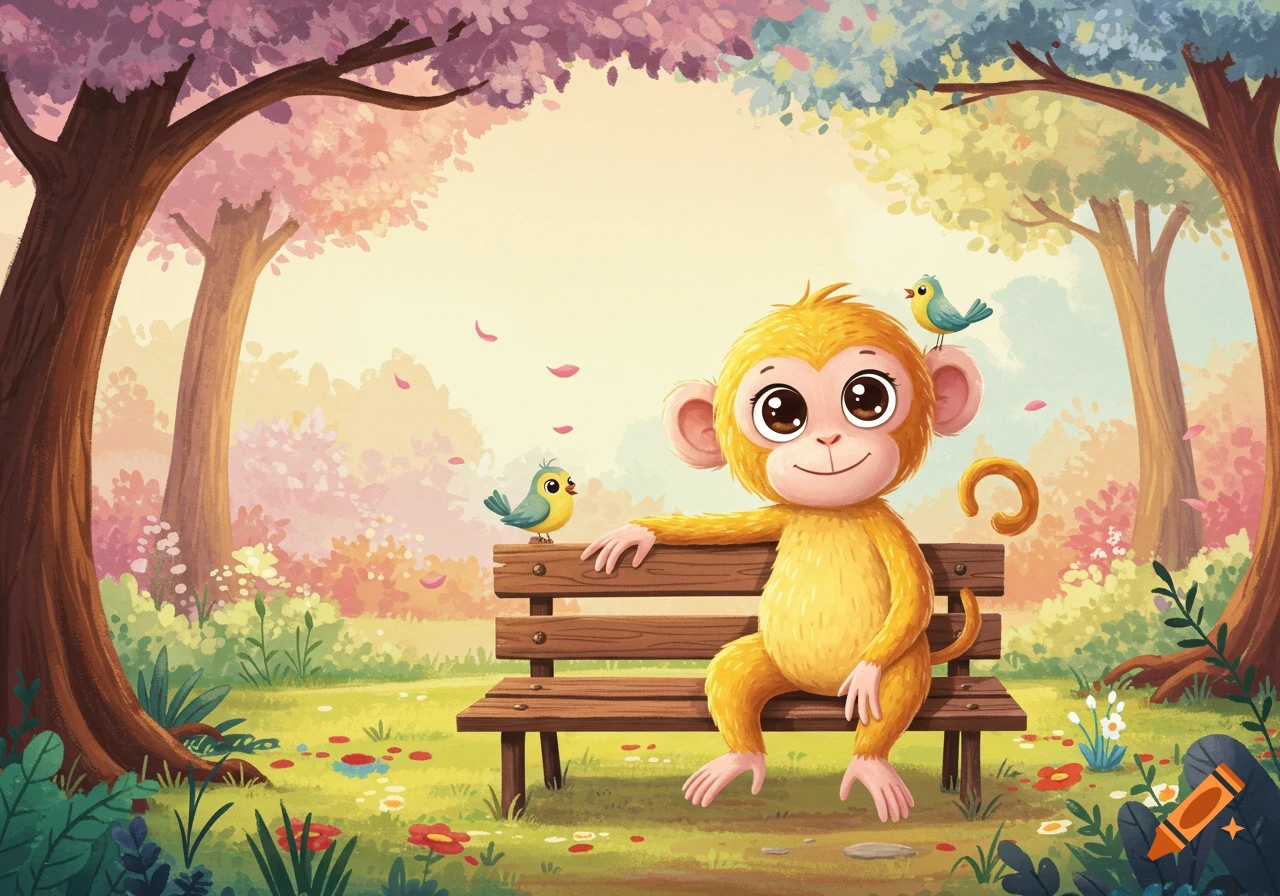 Cartoon monkey with big eyes sits on a park bench with two birds in a colorful forest.