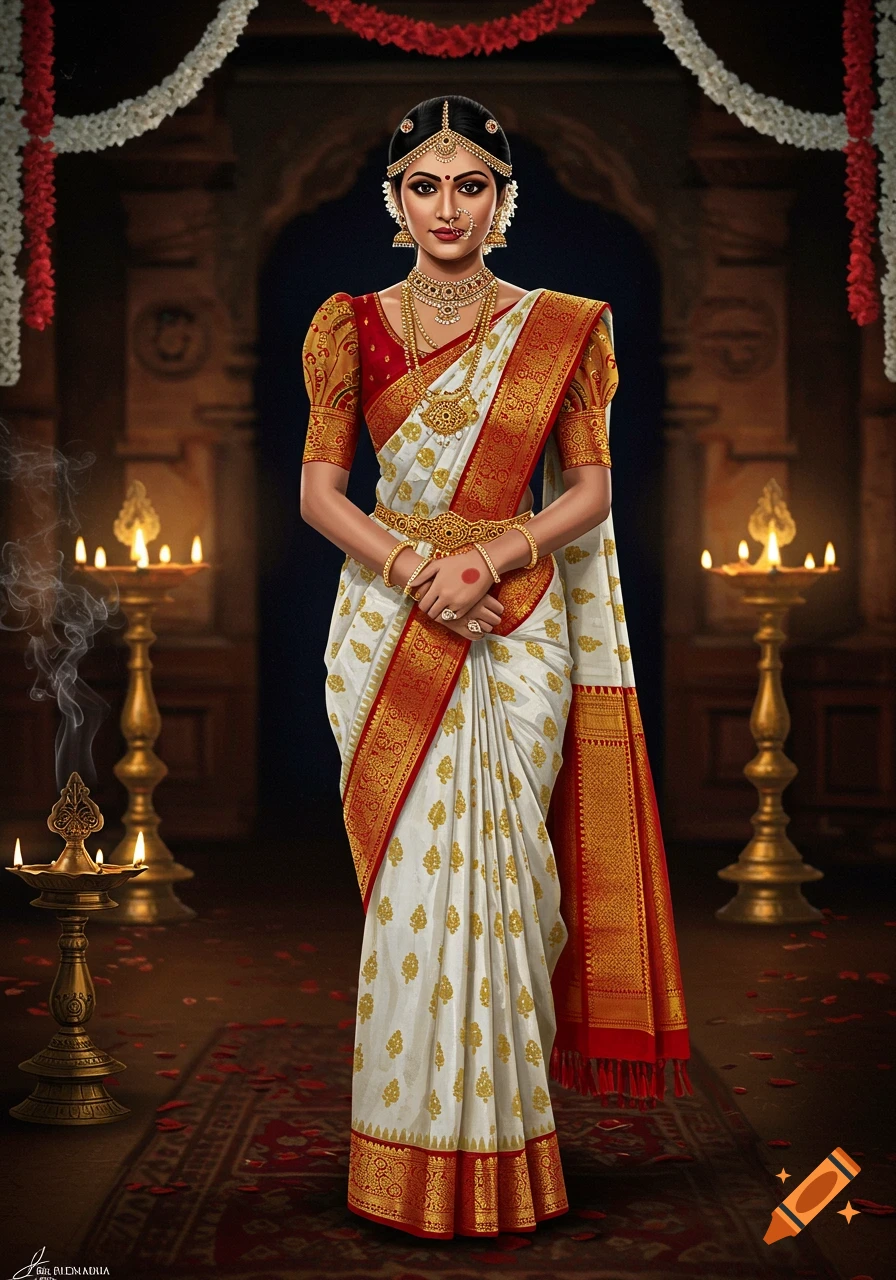 Photorealistic portrait of a woman in a white and red traditional South Asian saree with gold jewelry, standing in a lamp-lit temple.