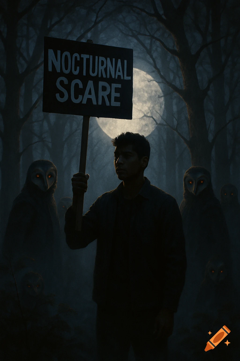 A man holds a 'NOCTURNAL SCARE' sign in a dark, misty forest with glowing-eyed owl-like figures under a full moon. Eerie, photorealistic style.