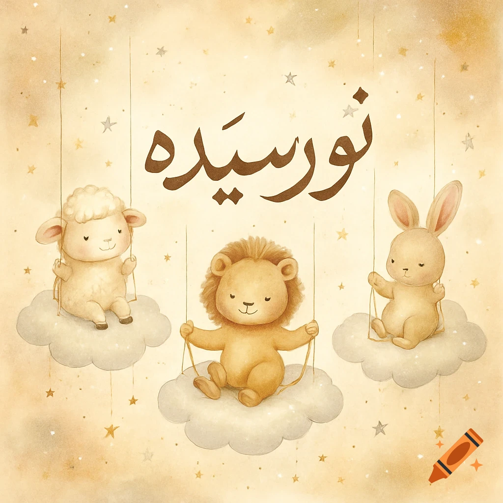 A watercolor illustration of a sheep, lion, and bunny sitting on cloud swings in a starry, light brown sky with Persian text at the top.