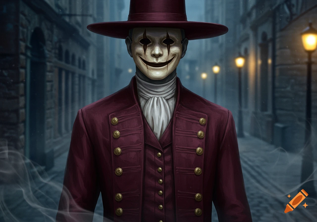 A figure in a maroon Victorian suit and wide-brimmed hat wears a creepy smirking porcelain mask with black eye holes on a dark street.